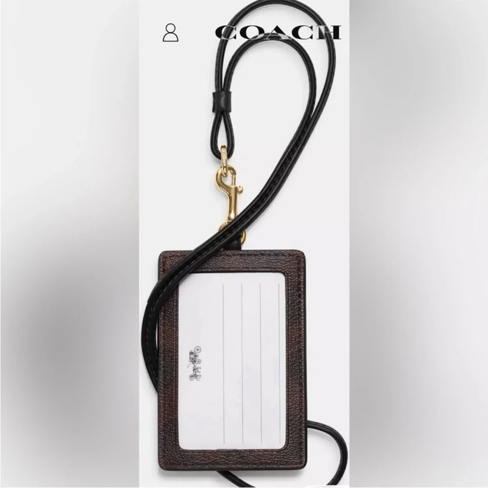COACH Id Lanyard Black Gold Logo Crossgrain leather Credit Card Slots NEW